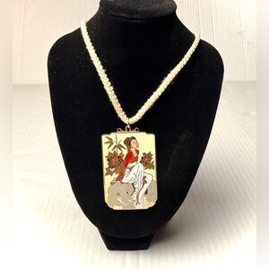 Vintage Lady On Elephant Cloisonné‎ Pendant Necklace Asian Braided Rope Japanese